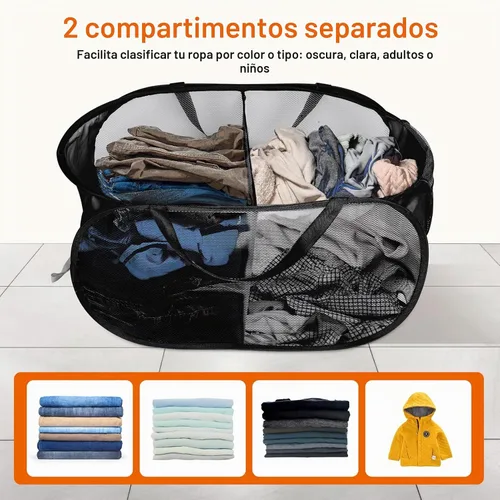 Vista 3 de Cestas de lavandería plegables, cesto de lavandería de malla plegable, cesta de lavandería emergente duradera, 2 cestos para ropa con compartimentos