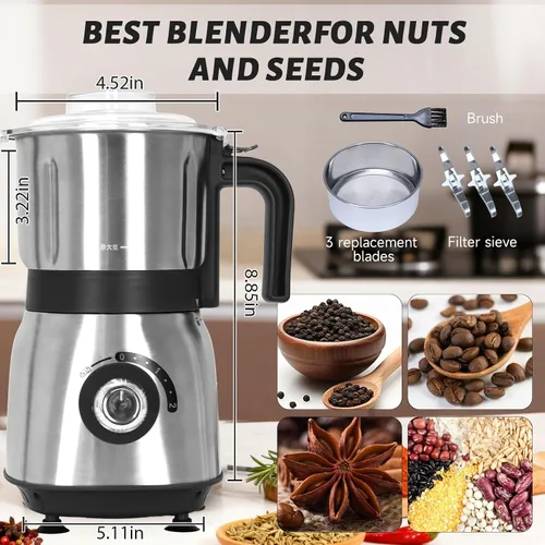 Vista 2 de Molinillo de cocina versátil Molinillo eléctrico de 500 W Muele especias, nueces, granos, café 3 cuchillas de acero inoxidable Uso en seco