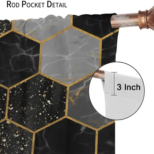 Vista 100 de Cortinas Negras con Dobladillo Dorado, Cortinas Opacas con Bolsillo para Barra con Estampado de Rayas de Foil en Onda Dorada para Decoración de Negro