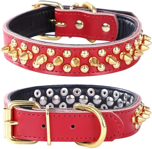 Vista 17 de Collar de perro con tachuelas, collar de perro de cuero genuino, collares ajustables para mascotas pequeñas o medianas (S, negro-1)