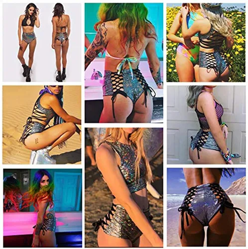 Vista 2 de Women Rave Holographic Bodysuit Mini Two Piece Hologram Metallic Silver for Dance Party Clubwear EDM Festival
