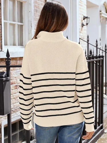 Vista 4 de LILLUSORY Suéter de punto con cuello de rayas con cremallera de un cuarto para mujer, ropa cálida de punto para invierno 2023 a la moda