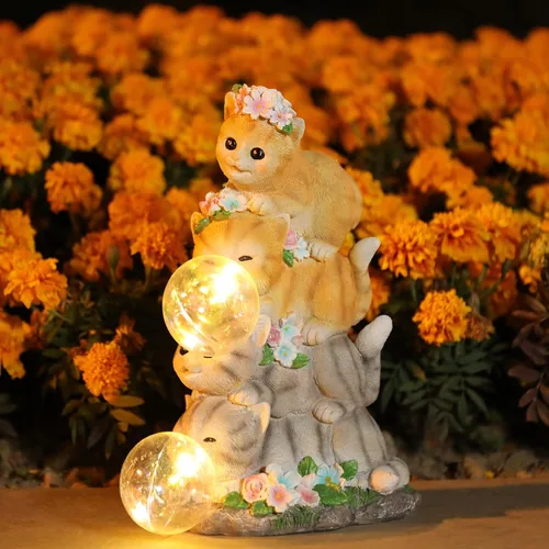 Vista 2 de Estatua de gato solar para jardín - Estatua de gato de resina decorativa para exteriores con luces LED para arte de jardín al aire libre, adornos