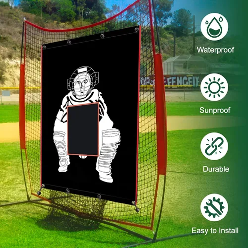 Vista 3 de Baseball/Softball Backstop with Strike Zone Black Vinyl Batting Cage Backdrop and Net Saver Durable Facility Backstops for Pitching Outdoors