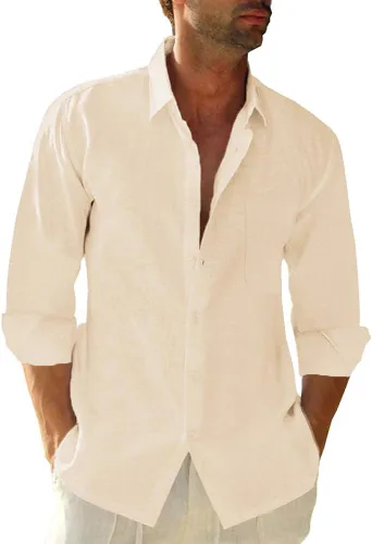 Vista 7 de JEKAOYI - Camisas de lino con botones para hombre, de manga larga, ajuste regular, de algodón, camisas de playa con bolsillo