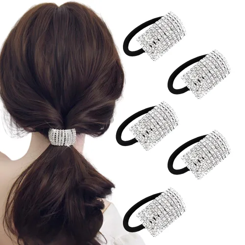 Vista 9 de 5 bandas para el pelo elegantes con diamantes de imitación, bandas elásticas para el cabello, bandas para el cabello para mujer, coleteros