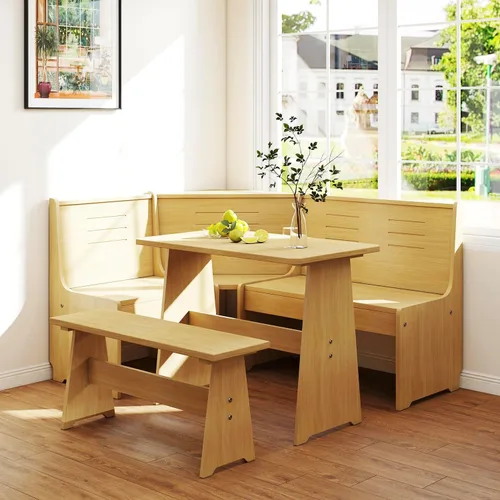Vista 10 de Rincón de Desayuno Mesa de Comedor de Esquina de Cocina Juego de Banco y Silla, con Puertos de Carga, Almacenamiento Oculto que Ahorra Espacio 3-5