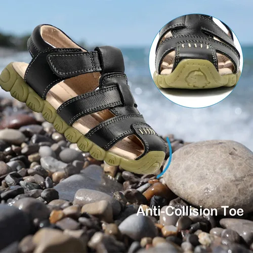 Vista 4 de Athlefit Sandalias de cuero para niños y niñas, con puntera cerrada, sandalias de cuero para deportes al aire libre, sandalias casuales, 0 Toddler
