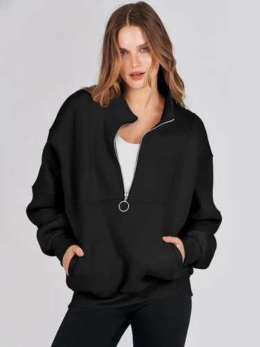 Vista 6 de ANRABESS Sudaderas de forro polar con media cremallera para mujer, de gran tamaño, con cremallera de un cuarto, ropa de moda para otoño de 2024