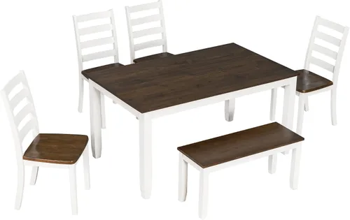 Vista 103 de Juego de mesa de comedor vintage de 6 piezas, juego de mesa de comedor de cocina de madera maciza con 4 sillas ergonómicas acolchadas y banco, mesa