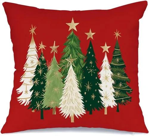 Vista 22 de AACORS Funda de almohada de Navidad de 45.7 x 45.7 cm con árbol de Navidad acuarela y estrellas, decoración festiva de granja de invierno para sofá