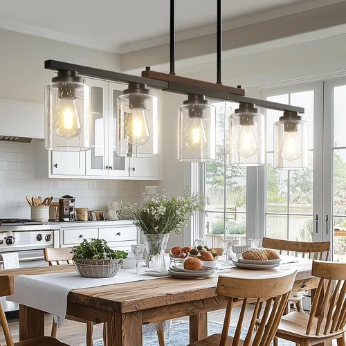 Vista 10 de Amico Lámpara de Comedor de 4 Luces para Isla de Cocina con Varillas Ajustables, Candelabro de Decoración Rústica de Metal Negro y Madera