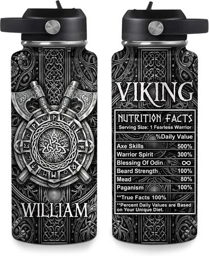 Vista 8 de Hyturtle Botella de agua vikingo personalizada, botella de acero inoxidable aislada de viaje con tapa a prueba de fugas, 18 onzas, 32 onzas, regalos