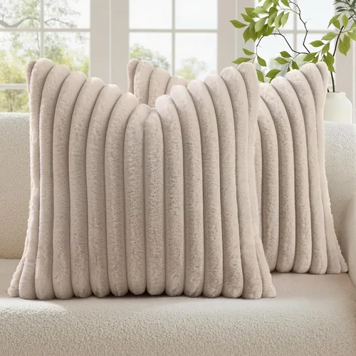 Vista 28 de decorUhome Fundas de almohada de piel sintética, juego de 2, decorativas, afelpadas, suaves, afelpadas, a rayas, parte posterior de terciopelo