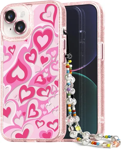 Vista 112 de Compatible para iPhone 13 Funda Bonita Estética - Funda para Teléfono Rosa con Purpurina con Protector de Cámara - Diseño de Cubierta