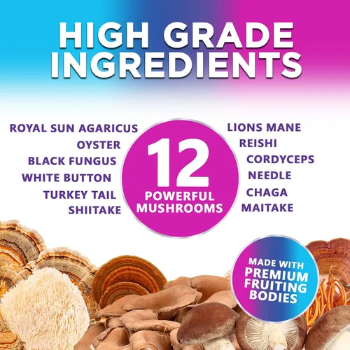 Vista 3 de Suplemento de gomitas de hongos 12 en 1, mezcla de alto grado para adultos con melena de león, reishi, cordyceps y complejo de hongos Chaga, apoyo