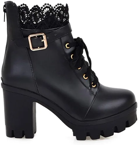 Vista 6 de Hbeylia Botas de combate de plataforma para mujer botas de cuero con encaje grueso botines de cuero gótico antideslizantes tacones altos botas