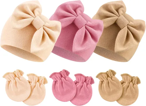 Vista 35 de BQUBO Gorros para Niñas Recién Nacidas Conjunto de Gorro y Manoplas para Bebé Gorros para Infantes con Moño Gorro de Hospital con Manoplas