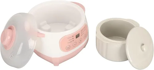 Vista 9 de Jiawu Olla eléctrica para estofado, olla arrocera digital de 200 W 1 L con tapa, pequeña olla de cerámica con temporizador integrado, hace sopas