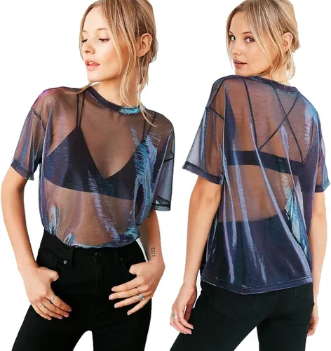 Vista 2 de LOTUYACY Camiseta sexy de malla brillante metálica para mujer, manga corta, malla transparente, Brillo metálico.