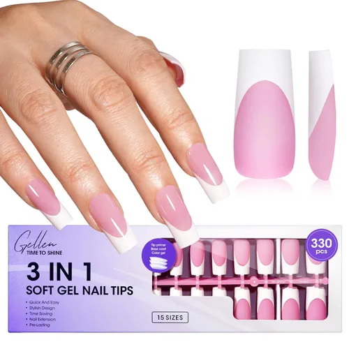 Vista 16 de Gellen Uñas postizas a presión con punta francesa de almendra, color rosa