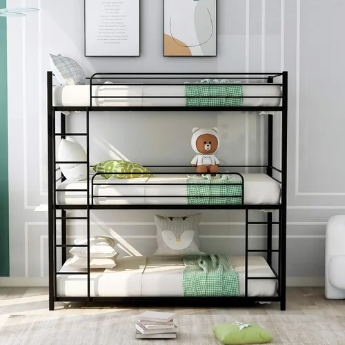 Vista 4 de Harper & Bright Designs Litera triple de metal individual sobre cama individual, litera baja resistente con barandillas de seguridad y escalera Negro