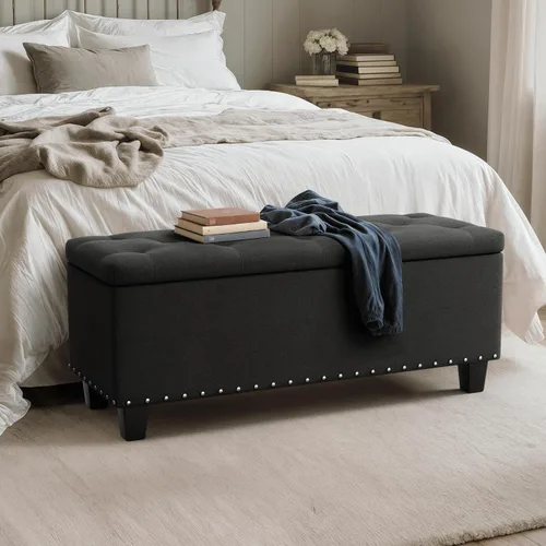 Vista 4 de MoNiBloom Otomana de 42 pulgadas de largo con almacenamiento, taburete de lino negro tapizado de espuma acolchada de tela rectangular con reposapiés