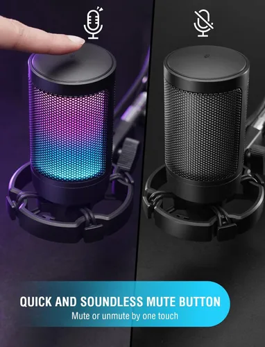 Vista 4 de FIFINE AmpliGame A6V Micrófono USB para juegos, micrófono condensador RGB para transmisión Quick Mute, RGB, Gain Control, Tripod Stand, Pop