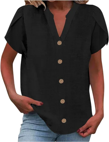 Vista 29 de Camisetas de verano para mujer, de manga corta, pétalos, de lino, con bolsillo, casual, con botones, blusas básicas