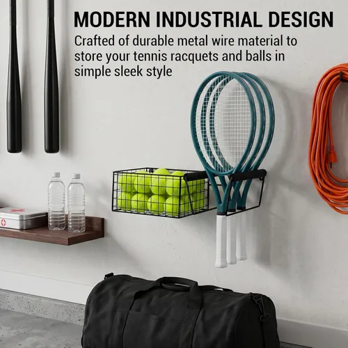 Vista 2 de MyGift Raqueta de tenis de metal colgante y cesta de almacenamiento de pelota de tenis, soporte de raqueta montado en la pared