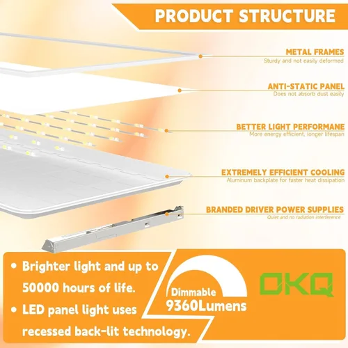 Vista 3 de OKQ - Lámpara LED de panel plano de 2 x 4 pulgadas, 5 CCT 3000K-6500K ajustables y 5 vatios seleccionables, 0-10 V regulable, luz de techo LED
