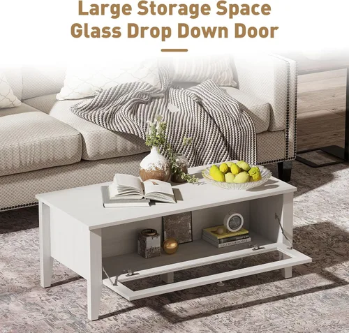 Vista 7 de Bonzy Home Mesa de centro moderna blanca con almacenamiento de puerta de vidrio, mesa central rectangular de madera para sala de estar, 39.4 x 18.9
