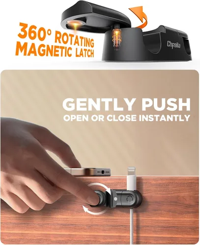 Vista 2 de Clips Magnéticos para Cables - Chfeila Paquete de 4 [Doble Ranura] [Rotación 360° y Bloqueo por Torsión] Gestión de Cables, Soporte Adhesivo