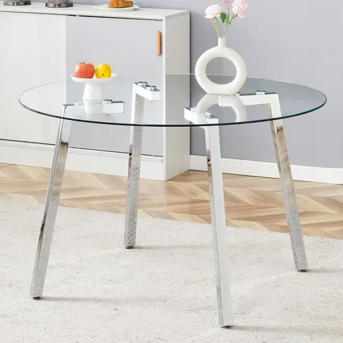 Vista 4 de Modern Luxurious Round Tempered Glass Dining Table with Silver 7 Shaped Metal Legs,Suitable for Family Meals, Office conferences, or as a Casual