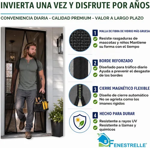 Vista 2 de Puerta magnética de malla de fibra de vidrio resistente de Fenestrelle, con cierre magnético autoajustable, manos libres, con moldura negra – Se