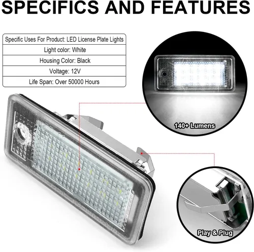 Vista 3 de litzland Luces LED para matrícula, compatibles con Audi A3 S3 A4 S4 A6 S6 A8 S8 Q7 RS4 lente transparente, lámpara LED para matrícula, paquete de 2