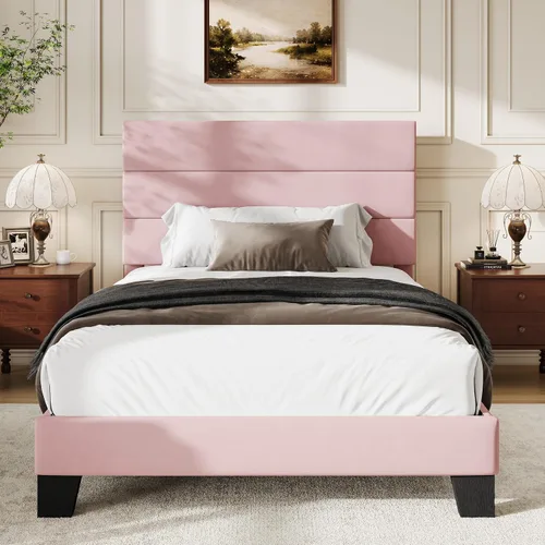 Vista 24 de WEEWAY Base de cama tamaño individual con cabecera tapizada de tela de lino y soporte de listones de madera, base de colchón resistente, no necesita
