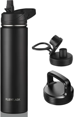 Vista 8 de RUBYFLASK - Botella de agua aislada con pajilla, jarra de agua al vacío de acero inoxidable, 24 onzas, botella con 3 tapas a prueba de fugas