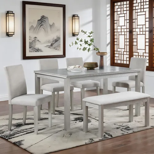 Vista 9 de LUMISOL - Juego de mesa de comedor de madera maciza con 4 sillas tapizadas y banco para cocina, comedor, sala de estar, gris plateado