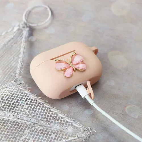Vista 4 de Wonhibo Funda para Airpods Pro, bonita funda de diseño de mariposa para Airpod Pro 2019 con llavero para mujeres y niñas (rosa)