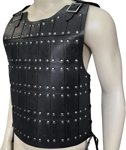 Vista 5 de HiiFeuer Armadura medieval de cuero con tachuelas, armadura de cuerpo mercenario vintage, piel sintética, armadura ajustable en el pecho