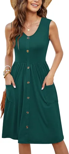 Vista 22 de MOLERANI Vestido de verano para mujer, sin mangas, estilo casual, suelto, con vuelo, botones, midi, con bolsillos 01-beja Blue