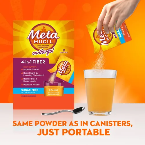Vista 6 de Metamucil Paquetes para llevar, sin azúcar, 44 paquetes, suplemento de fibra de cáscara de psyllium 4 en 1, sabor a naranja, porciones individuales