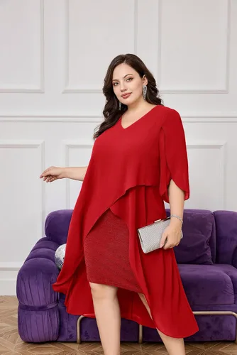 Vista 4 de Hanna Nikole Vestido de cóctel de gasa para mujer, talla grande, con volantes, manga 34, vestidos de fiesta de invitados de boda con dobladillo alto