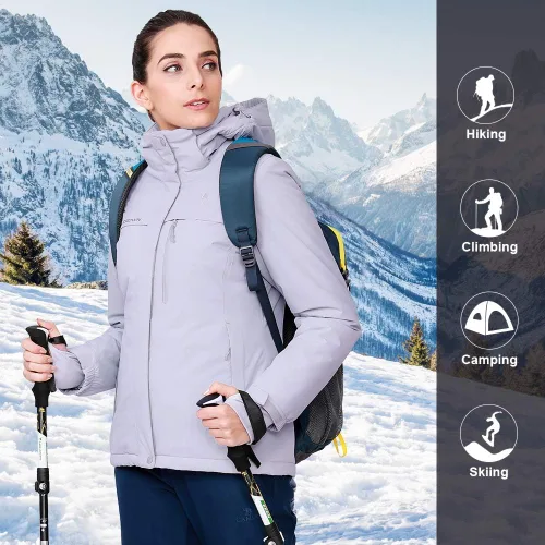 Vista 55 de CAMEL CROWN - Chamarra de esquí para mujer, impermeable, con capucha desmontable, rompevientos, forro polar, parka para lluvia
