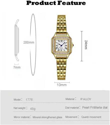 Vista 6 de ADSBIAOYE Relojes dorados para mujer, delicados relojes cuadrados vintage de lujo para mujer, vestido de diamantes de acero inoxidable, reloj