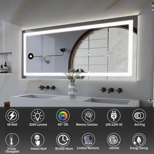 Vista 2 de LEDMyplace - Espejo de baño LED de 70 x 32 pulgadas con antiniebla, regulable, CRI90+, retroiluminado + luz frontal, horizontal/vertical