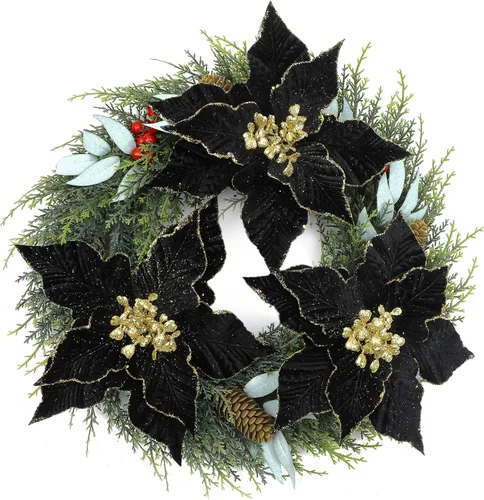 Vista 5 de SHACOS 10 piezas de 9.8 pulgadas de flores de Pascua grandes con purpurina para tallos de tela de terciopelo, flores florales, flores de Navidad