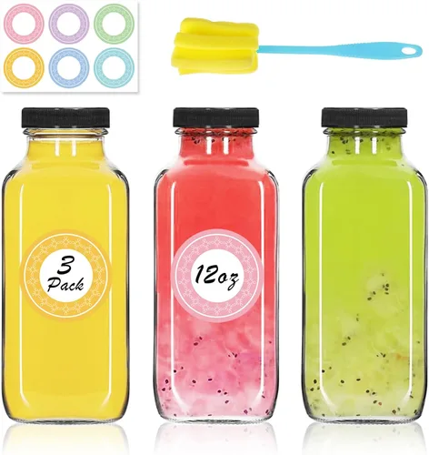 Vista 12 de NEWMIAO 3 paquete de 8 onzas Botellas de jugo de vidrio con tapas, 250 ml Botellas de agua de vidrio reutilizables, recipientes de bebida vacíos