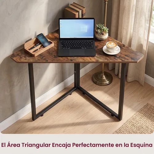 Vista 5 de VECELO - Escritorio de esquina, mesas de oficina para sala de estar para espacio pequeño, escritorio de computadora triangular con marco de acero